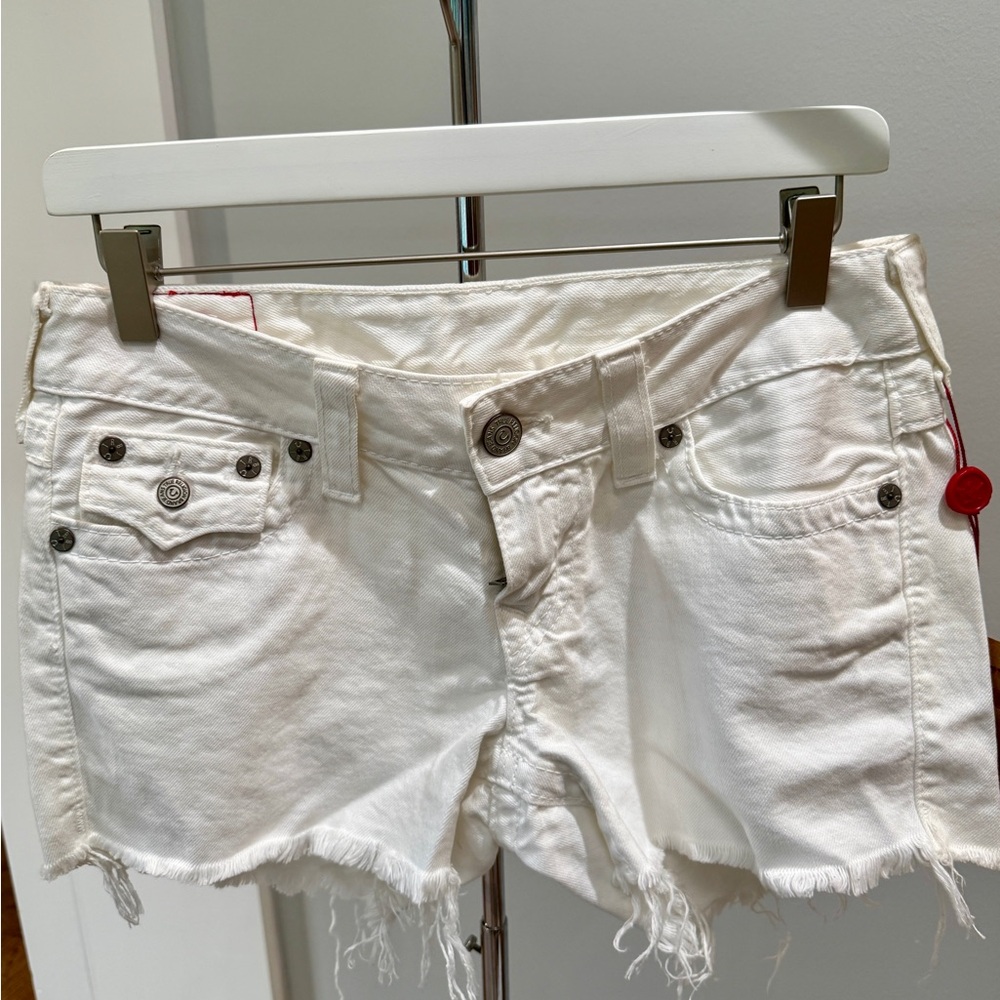 True Religion White Distressed Jean Shorts